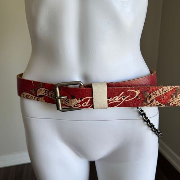 Vintage Y2K Ed Hardy Kill Slowly Embroidered Chain Belt Red main image 6